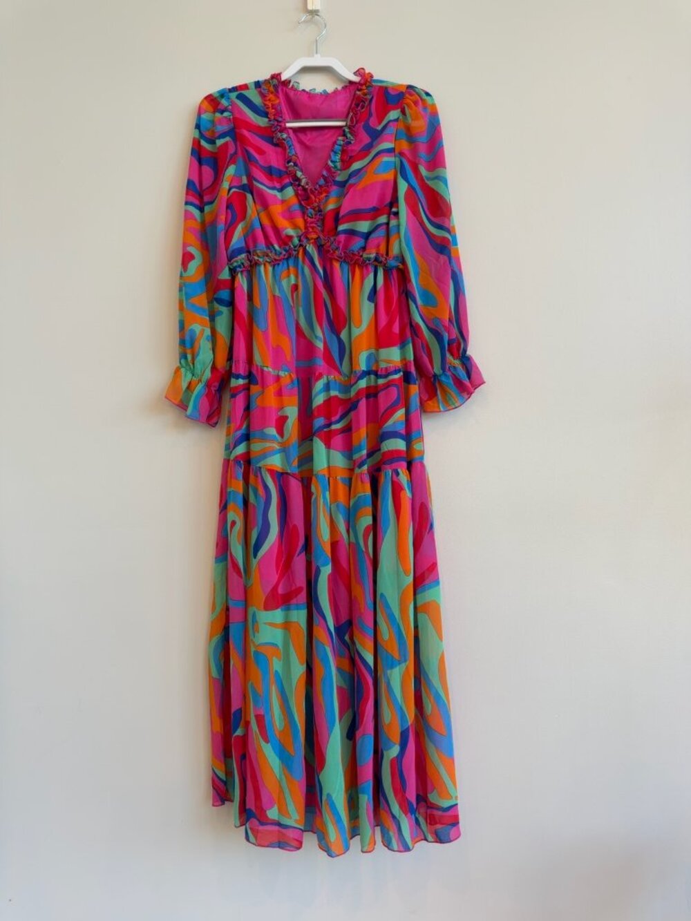 Vintage-Inspired Psychedelic Ruffle Maxi Dress | Pink Multicolor | Lined | Size